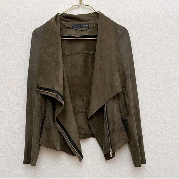 Zara Faux Suede Olive Green Draped Asymmetrical Zip Up Moto Jacket - Picture 9 of 12